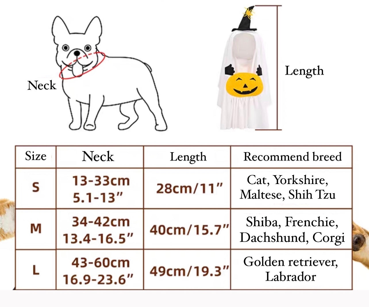Pet ghost costume (swipe to see size chart)